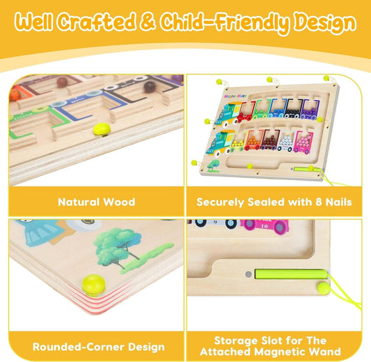 Magnetic Color & Number Maze Montessori Wooden Puzzle Game Board - bazaarOwl
