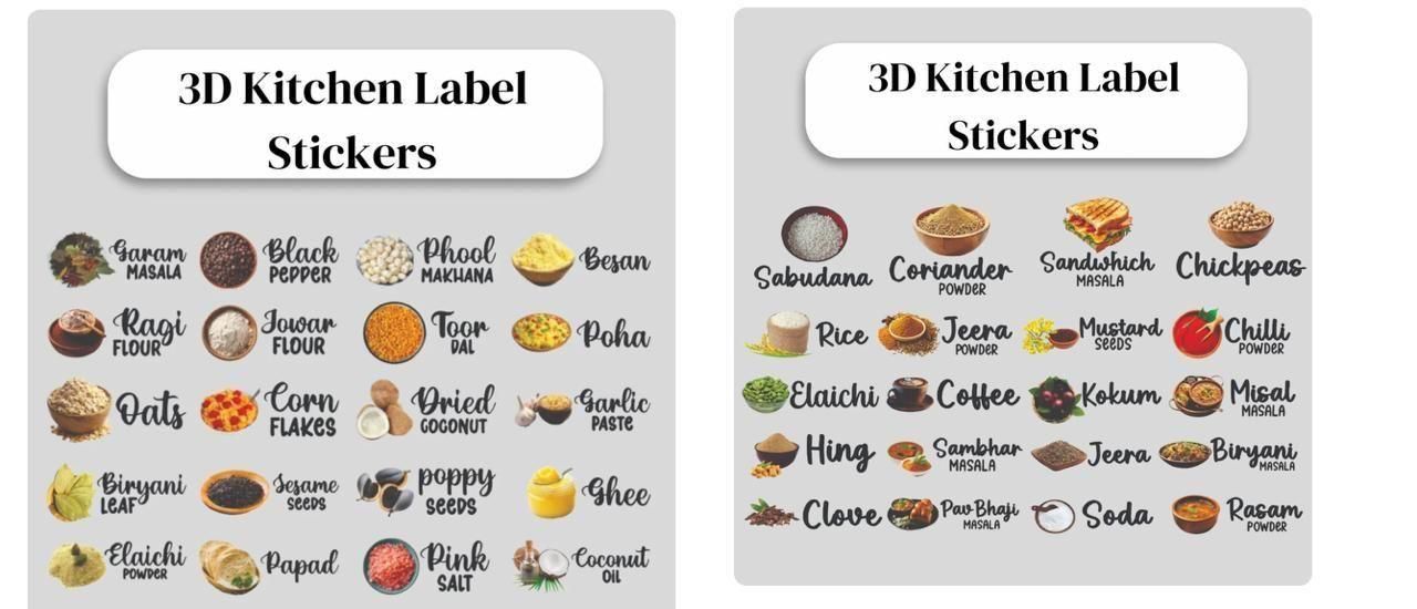 3D Waterproof Kitchen Spice Jar Label Stickers (Pack of 1 - 60 Stickers) - bazaarOwl